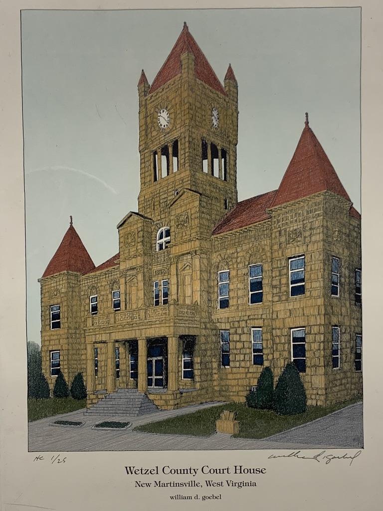 Wetzel County WV Courthouse Hand Colored Print